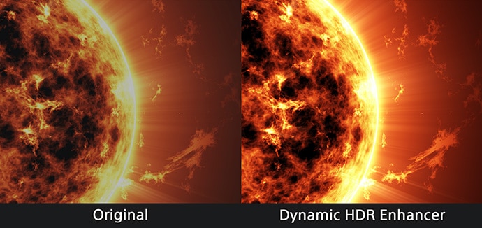 Comparison shot of burning planet with or without dynamic HDR enhancer