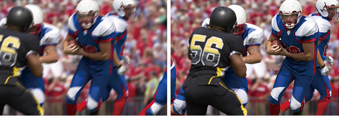 Comparison shot of football game with or without Motionflow