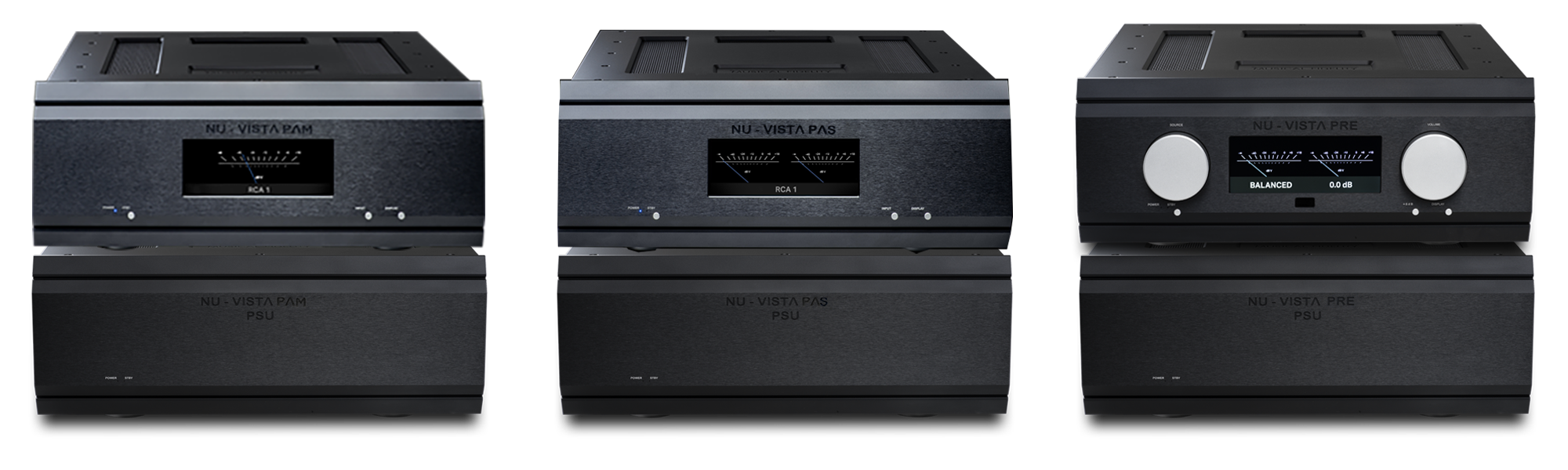 Musical Fidelity The Nu-Vista 'PRE' Pre-amplifier, 'PAS' discrete stereo power amplifier & 'PAM' discrete mono power amplifier all come with separate power supply units.