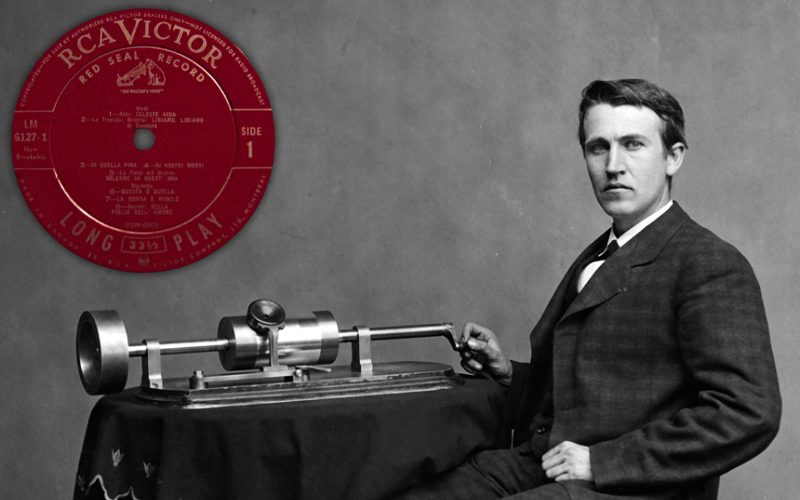 Thomas Edison and his cylinder type phonograph invention